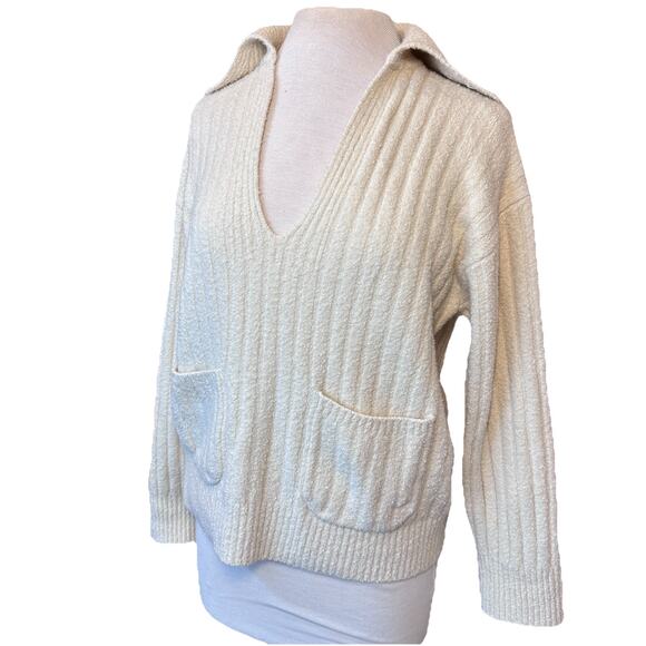 J. Crew Ribbed Boucle Collared Cotton-blend Beach Sweater Cream V-Neck Small - Picture 10 of 11